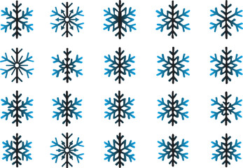 Collection of twenty different snowflake icons in a grid pattern, perfect for winter holiday design elements, isolated on white background