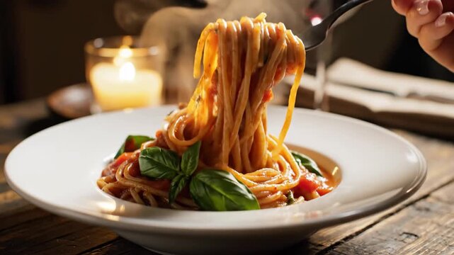 Close-up of a person twirling spaghetti with a fork served on a white plate with basil and tomato sauce in a dimly lit restaurant setting with a candle.