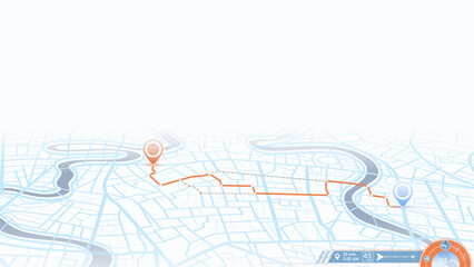 Route map navigation GPS city street two pins river orange dotted path perspective view digital interface. Vector illustration.