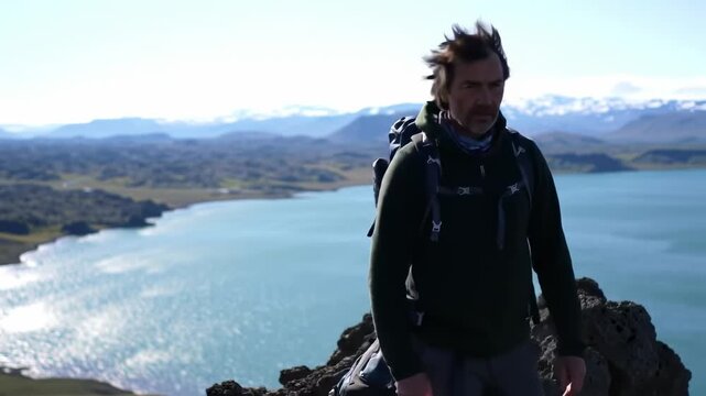 Hiker on rocky terrain backpack windblown hair lake hills  snowy mountains in the background