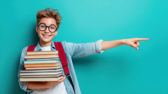 Teen student smiles and points while holding books against a turquoise background in a bright classroom setting