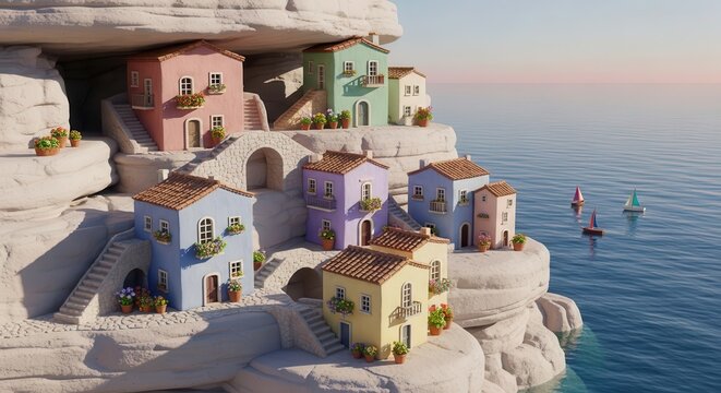 Colorful miniature cliffside village overlooks calm blue ocean water at sunrise - Powered by Adobe