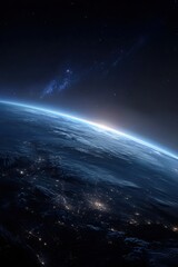 Fototapeta premium A realistic planet Earth with a blue atmosphere and a cosmic background at the edge of a dark, black sky.