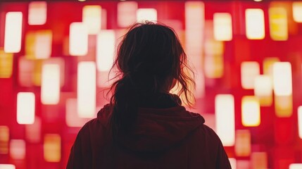 Woman silhouetted against a blurred, abstract wall of rectangular lights
