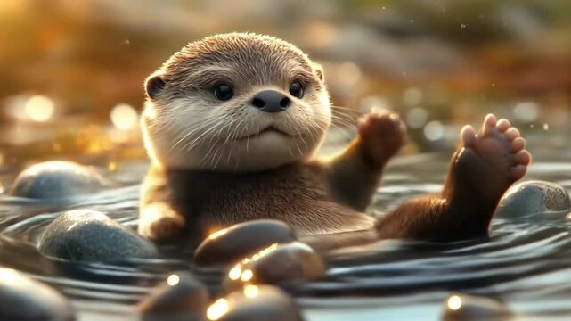 Playful otter waving from water with warm sunlight and detailed texture