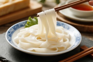 Close-up of white rice noodles being lifted with chopsticks from a blue-patterned bowl