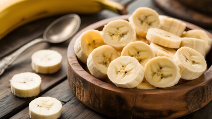 Freshly sliced ripe bananas in a rustic wooden bowl with a spoon on a textured wooden surface