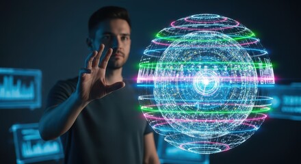 Focused technician interacts with glowing holographic digital sphere displaying complex data structures