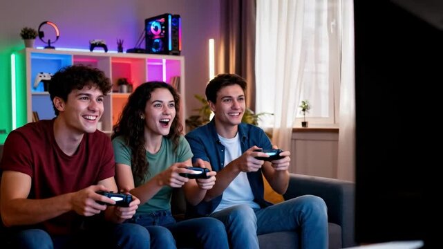 Group Laughing During Video Game Tournament Living Room