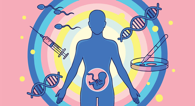 Assisted Reproductive Technology Depicting Fertilization and Fetal Development with Colorful Background Showing the Scientific Process of Creating New Life Through Advanced Medical Methods