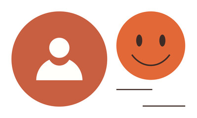 Circle with user profile icon paired with an orange smiling face. Ideal for feedback, user experience, profiles, communication, testimonials, positivity, digital apps. Simple flat metaphor