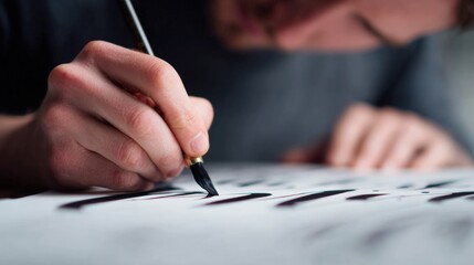 Close-up of a person's hand holding a paintbrush and writing on a piece of paper. the person is wearing a black shirt and appears to be focused on their work.