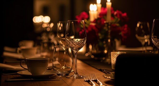 Elegant table setting with candlelight and wine glasses, creating a romantic atmosphere for a special occasion or dinner - Powered by Adobe