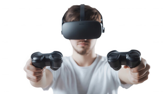 A man wearing a vr headset and holding controllers against a black background in a white t shirt on transparent background