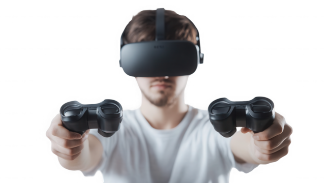 A man wearing a vr headset and holding controllers against a black background in a white t shirt on transparent background