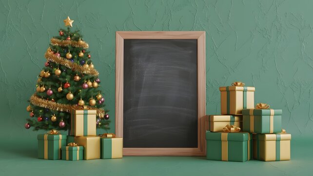Festive christmas tree with stacked gift boxes and blank chalkboard on a green background - Powered by Adobe