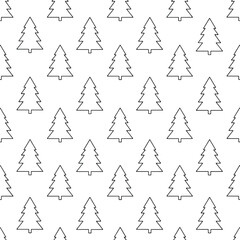 Fototapeta premium A seamless pattern of simple outline Christmas trees on a white background, perfect for festive designs.