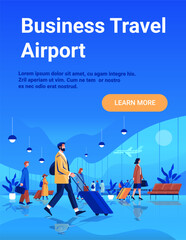 Business travel airport modern terminal people walking luggage airplane window blue interior plants waiting area digital banner