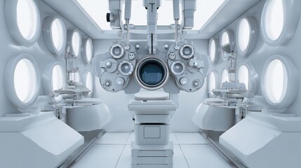 The interior of a medical operating room. the room has a high ceiling with multiple round windows on either side, allowing natural light to enter the space.