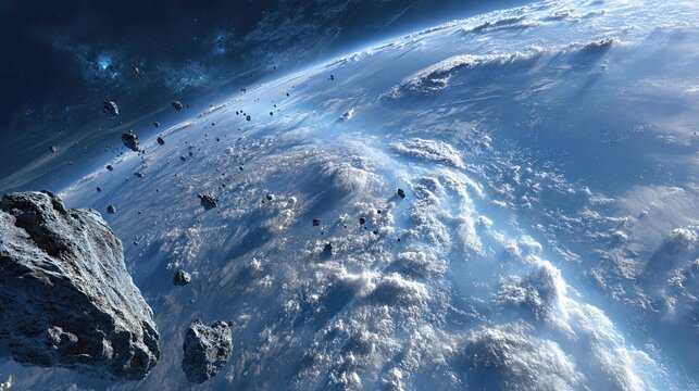 Blue Earth and asteroids in space. View of planet Earth from space.