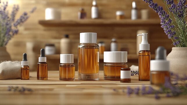 A skincare routine focusing on soothing. Amber glass bottles showcase various cosmetic products like serums and creams. The scene is accented by lavender, suggesting a calming experience