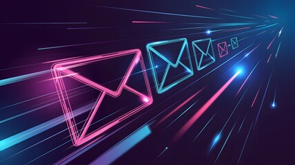 Digital communication concept with glowing neon envelopes traveling through a futuristic abstract light tunnel