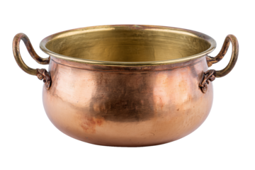 Vintage copper pot with brass handles and interior, isolated on white isolated on transparent background