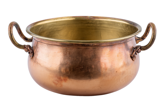 Vintage copper pot with brass handles and interior, isolated on white isolated on transparent background