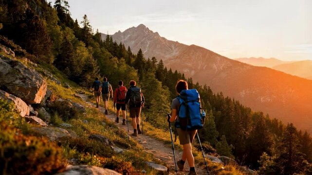 Group Hiking Together Mountain Trail Outdoor Adventure