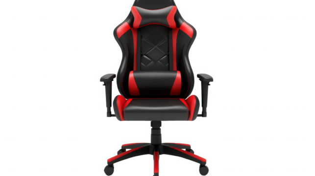 A front view of a black and red gaming chair isolated against a black background in a studio shot on transparent background - Powered by Adobe