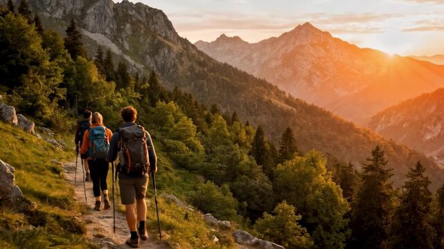 Group Hiking Together Mountain Trail Outdoor Adventure
