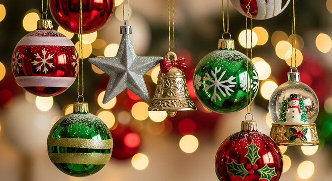 Assorted christmas ornaments hanging with bokeh lights