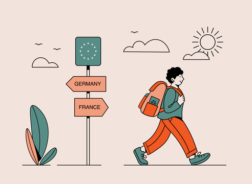 Vector illustration of a traveler walking near a road sign pointing to Germany and France. European travel and border crossing in a line style.