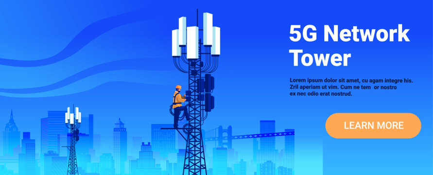 5G network tower technician installing cellular antenna urban cityscape blue background modern wireless communication technology banner