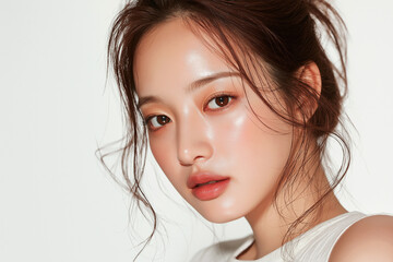 Naklejka premium Beautiful young asian woman with healthy glowing skin, Natural makeup, Elegant woman, Radiant clear skin, Soft light background