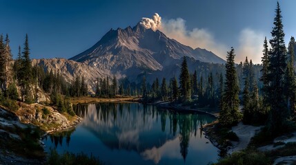 Majestic volcanic mountain with smoke plume reflected in calm alpine lake surrounded by pine forest under clear blue sky at sunset.