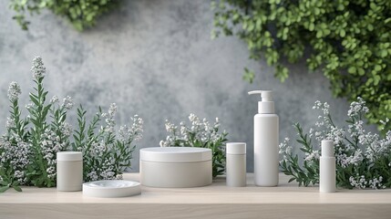 A photorealistic skincare routine featuring blank white cosmetic bottles and jars, perfect for soothing eczema. The neutral aesthetic and floral accents enhance the sense of purity and care.