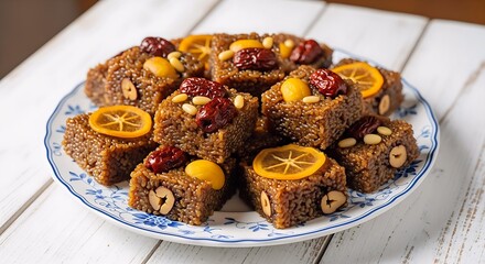 A close-up of a plate filled with delicious Korean sweet rice cakes (yakbap), garnished with dried jujubes, chestnuts, pine nuts, and kumquat slices.
