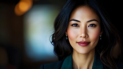 Portrait of Asian woman with long dark hair and burgundy lipstick against blurred background, professional headshot for business or modeling portfolio.