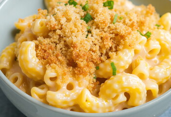 A bowl of creamy mac and cheese is topped with golden breadcrumbs and chopped chives, presented against a dark background.