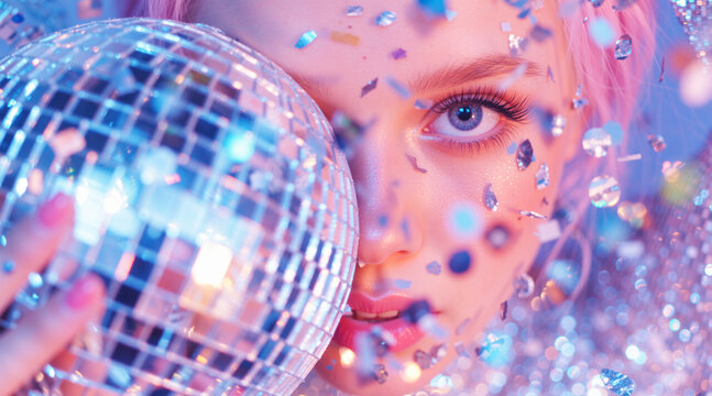 Young woman with pink hair holding a disco ball during a party. Festive New Year and Christmas celebration with falling confetti and neon colors - Powered by Adobe