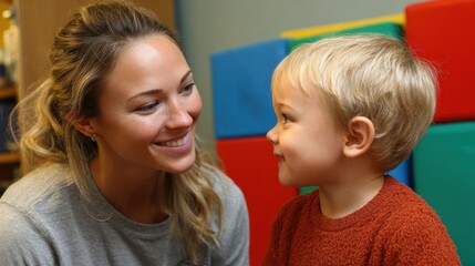 Young woman and a young boy in a classroom setting. the woman is on the left side of the image, wearing a gray t-shirt and has blonde hair tied up in a ponytail.