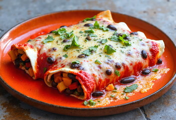 A vibrant plate of enchiladas smothered in red sauce, black beans, and cheese, garnished with cilantro.