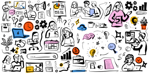 Hand drawn business workflow doodle set – office work, teamwork, project management and productivity icons