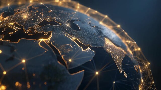 Stunning 3D view of Europe illuminated at night with glowing connections, perfect for tech and travel visuals
