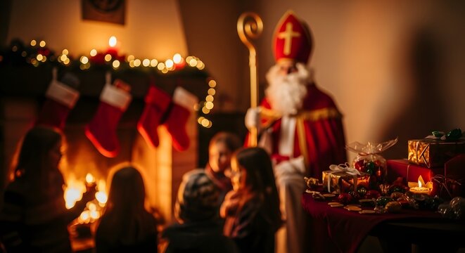 A traditional holiday celebration with Saint Nicholas gathering with children around a warm and cozy fireplace