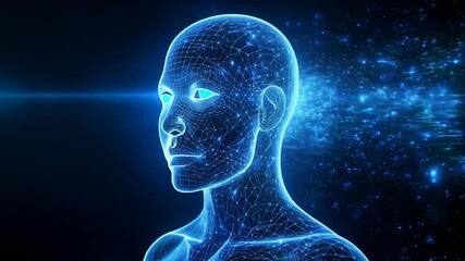 Futuristic digital human head with glowing lines and nodes representing technology and artificial intelligence - Powered by Adobe