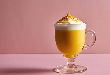 A golden turmeric latte sits in a glass mug, topped with toasted meringue, against a soft pink backdrop.