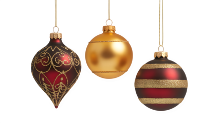 Hanging Red and Gold Christmas Ornaments Isolated on White