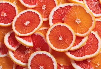 Sliced citrus fruits, including oranges and grapefruits, are arranged in a vibrant, overlapping pattern against a black background.